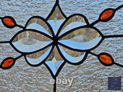Contemporary stained glass hanging panel orange jewels and bevels, 14.5X12.5