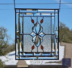 Contemporary stained glass hanging panel orange jewels and bevels, 14.5X12.5