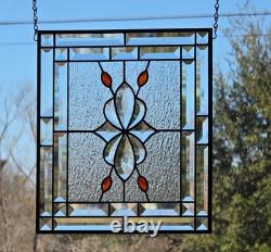 Contemporary stained glass hanging panel orange jewels and bevels, 14.5X12.5