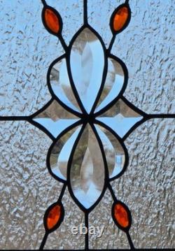 Contemporary stained glass hanging panel orange jewels and bevels, 14.5X12.5