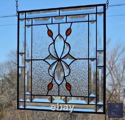 Contemporary stained glass hanging panel orange jewels and bevels, 14.5X12.5