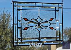 Contemporary stained glass hanging panel orange jewels and bevels, 14.5X12.5