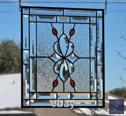 Contemporary stained glass hanging panel orange jewels and bevels, 14.5X12.5