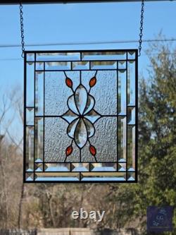 Contemporary stained glass hanging panel orange jewels and bevels, 14.5X12.5