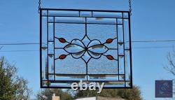 Contemporary stained glass hanging panel orange jewels and bevels, 14.5X12.5