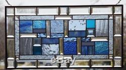 Cool Blue Beveled Stained Glass Window Panel 26 1/2 x 14 1/2