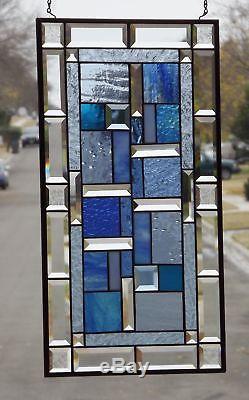 Cool Blue Beveled Stained Glass Window Panel 26 1/2 x 14 1/2