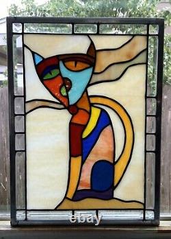 Cool Cat Stained Glass Window Panel Hanging- 12 3/4 X 17 1/8