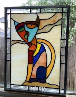 Cool Cat Stained Glass Window Panel Hanging- 12 3/4 X 17 1/8