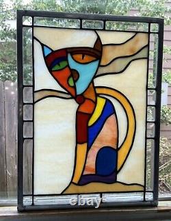 Cool Cat Stained Glass Window Panel Hanging- 12 3/4 X 17 1/8