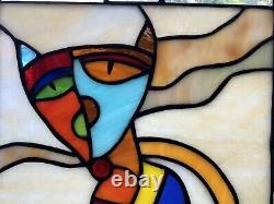 Cool Cat Stained Glass Window Panel Hanging- 12 3/4 X 17 1/8