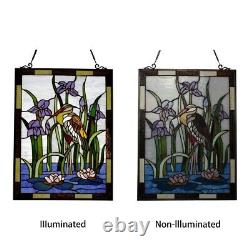 Crane Bird Stained Glass Hanging Window Tiffany Style Panel Design Decor 25H