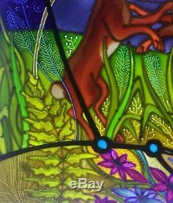 Dancing hares, Moon gazing hares. Stained glass style hand painted glass panels