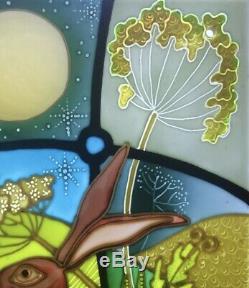 Dancing hares, Moon gazing hares. Stained glass style hand painted glass panels