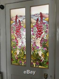 Dancing hares, Moon gazing hares. Stained glass style hand painted glass panels