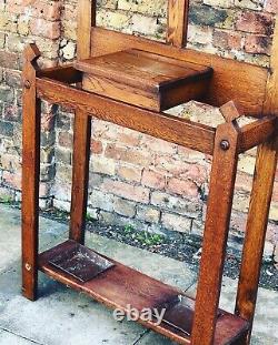 Edwardian Light Oak Hall Stand With Stained Glass Panel