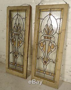 Elegant Pair of Vintage Antique Stained Glass Window Panels (2117)NS