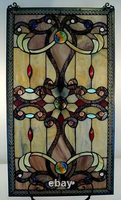 Elegant Tiffany Stained Glass Metal-Weave Border Window Panel, 26 x 15