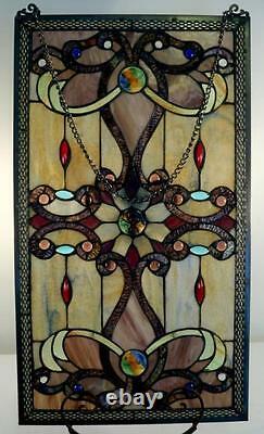 Elegant Tiffany Stained Glass Metal-Weave Border Window Panel, 26 x 15