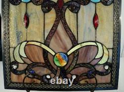 Elegant Tiffany Stained Glass Metal-Weave Border Window Panel, 26 x 15