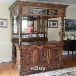 English Victorian Style Carved Oak Canopy Bar with Stained Glass Panels c1940s