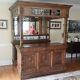 English Victorian Style Carved Oak Canopy Bar with Stained Glass Panels c1940s
