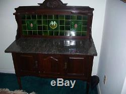 English Washstand Dark Wood with Tiles & Custom Stained Glass Panels