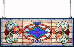 Extra Large Blue Victorian Stained Glass Transom Window Panel 30 X 12