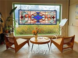 Extra Large Blue Victorian Stained Glass Transom Window Panel 30 X 12