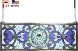 Extra Large Blue Victorian Stained Glass Transom Window Panels 30 x 10 FREESHIP
