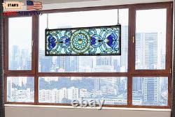 Extra Large Blue Victorian Stained Glass Transom Window Panels 30 x 10 FREESHIP