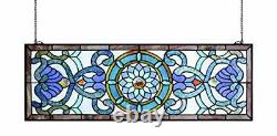 Extra Large Horizontal 35 Inch Blue Victorian Stained Glass Window Panels