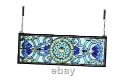 Extra Large Horizontal Blue Victorian Stained Glass Window Panels 30 X 10