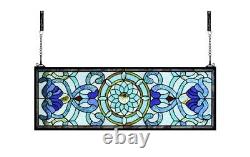 Extra Large Horizontal Blue Victorian Stained Glass Window Panels 30 X 10