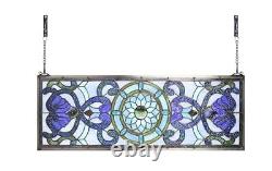 Extra Large Horizontal Blue Victorian Stained Glass Window Panels 30 X 10