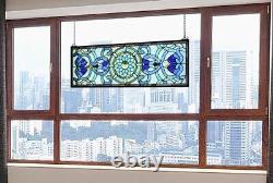 Extra Large Horizontal Blue Victorian Stained Glass Window Panels 30 X 10