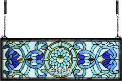 Extra Large Horizontal Blue Victorian Stained Glass Window Panels Hanging Transo