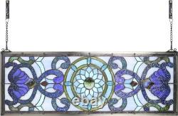 Extra Large Horizontal Blue Victorian Stained Glass Window Panels Hanging Transo