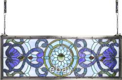 Extra Large Horizontal Blue Victorian Stained Glass Window Panels Hanging Transo