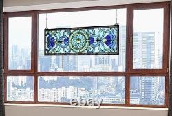 Extra Large Horizontal Blue Victorian Stained Glass Window Panels Hanging Transo