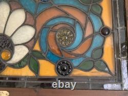 Extra Large Stained Glass Transom Window Panel 36 X 18 1890 Framed with Hooks