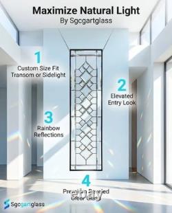 Extra-long clear beveled stained glass panel transom sidelight, measuring 48.75