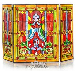 Fireplace Screen Decorative Stained Glass Tiffany Style 3 Panel Fireplace Hearth