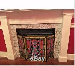 Fireplace Screen Decorative Three Panel Mission Tiffany Style Stained Glass RED