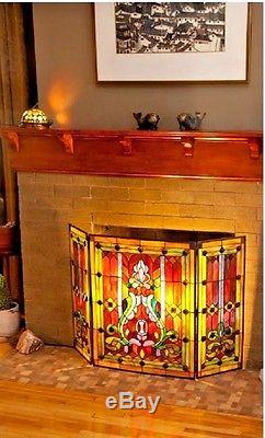 Fireplace Screen Decorative Three Panel Mission Tiffany Style Stained Glass RED