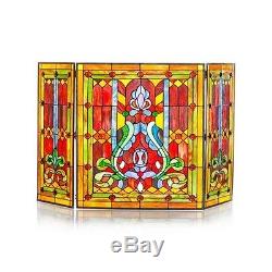 Fireplace Screen Stained Glass Folding 3-Panel Door Tools Victorian Style Decor