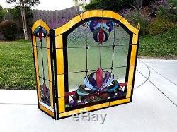 Fireplace Screen Tiffany Style Stained Glass Chloe Victorian 3 Panel Folding