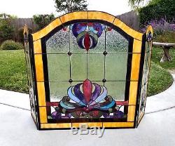 Fireplace Screen Tiffany Style Stained Glass Chloe Victorian 3 Panel Folding