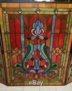Fireplace Screen Tiffany Style Stained Glass Folding 3-Panel Cover