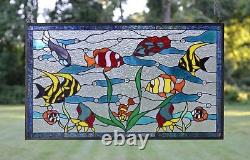 Fish under the Sea Handcrafted stained glass window panel. 34.5 x 20.5
